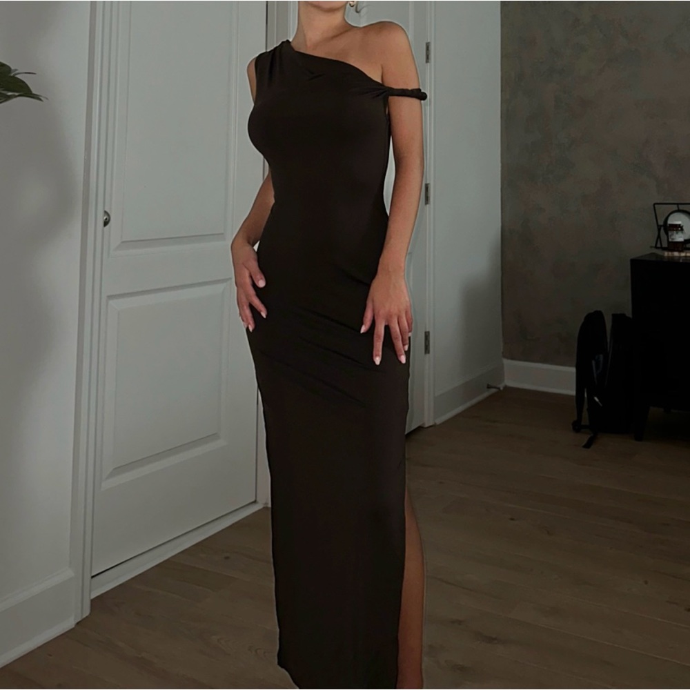 Chocolate brown asymmetrical dress- wedding guest- holiday party- dinner